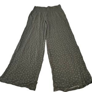 Three Dots Womens Olive Green Leaf Print Wide Leg Smocked Waist Pants Size Med